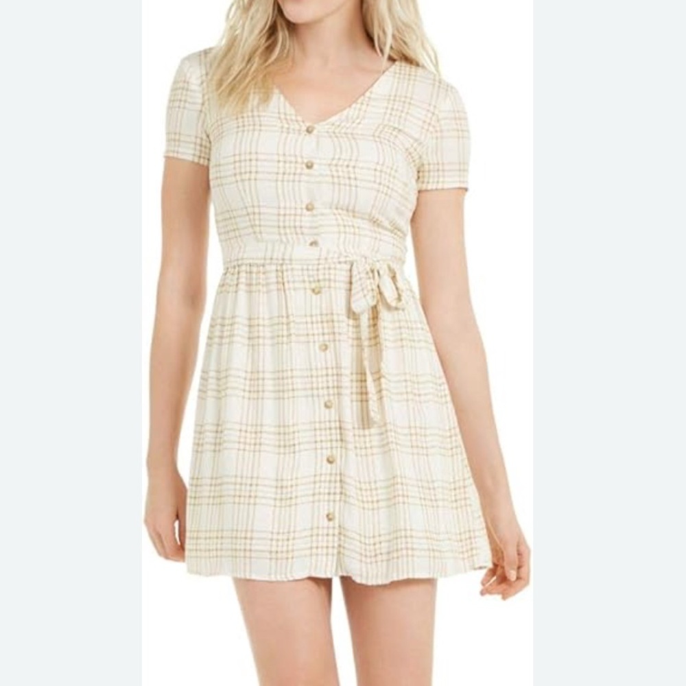 KIT+SKY OFF-WHITE TAUPE PLAID SHORT SLEEVE BUTTON FRONT SHIRT DRESS WOMENS LARGE
